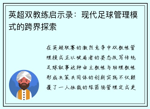 英超双教练启示录：现代足球管理模式的跨界探索