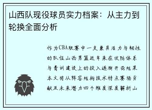 山西队现役球员实力档案：从主力到轮换全面分析